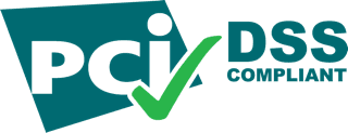 PCI DSS Compliant logo with a green checkmark.