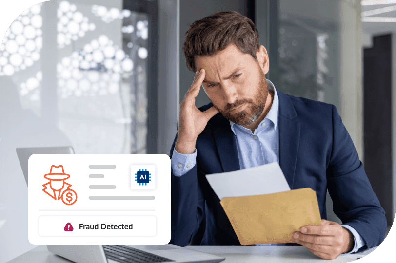 A stressed man holds a document while a digital overlay shows a "Fraud Detected" alert with a fraudster icon and an AI chip.