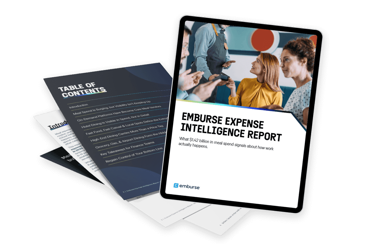Cover for Emburse Expense Intelligence Report Meals Edition 2025 with table of contents
