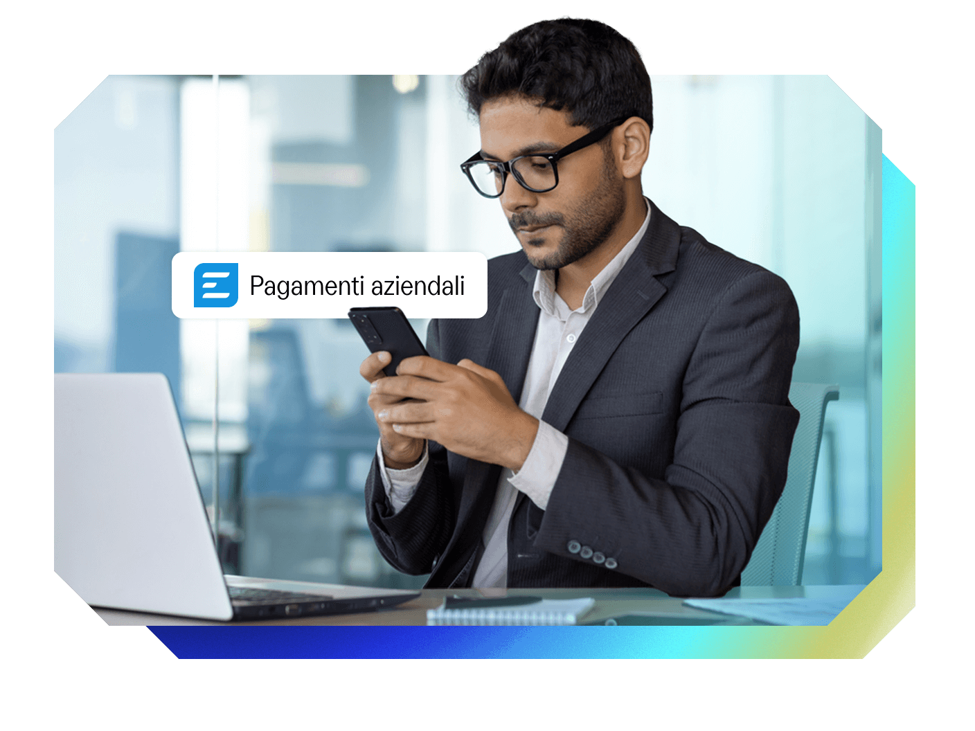 Businessman checking phone with "Pagamenti aziendali" notification.