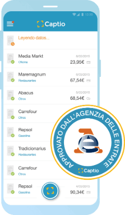 Smartphone showing the Captio expense management app with a list of entries and an "Approved by the Revenue Agency" badge.