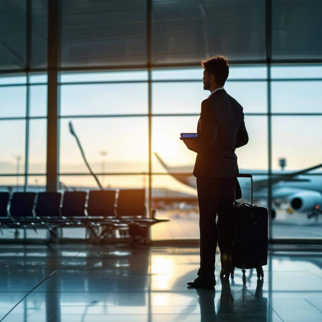 Businessman with luggage and tablet looking out an airport window at an airplane during sunset.